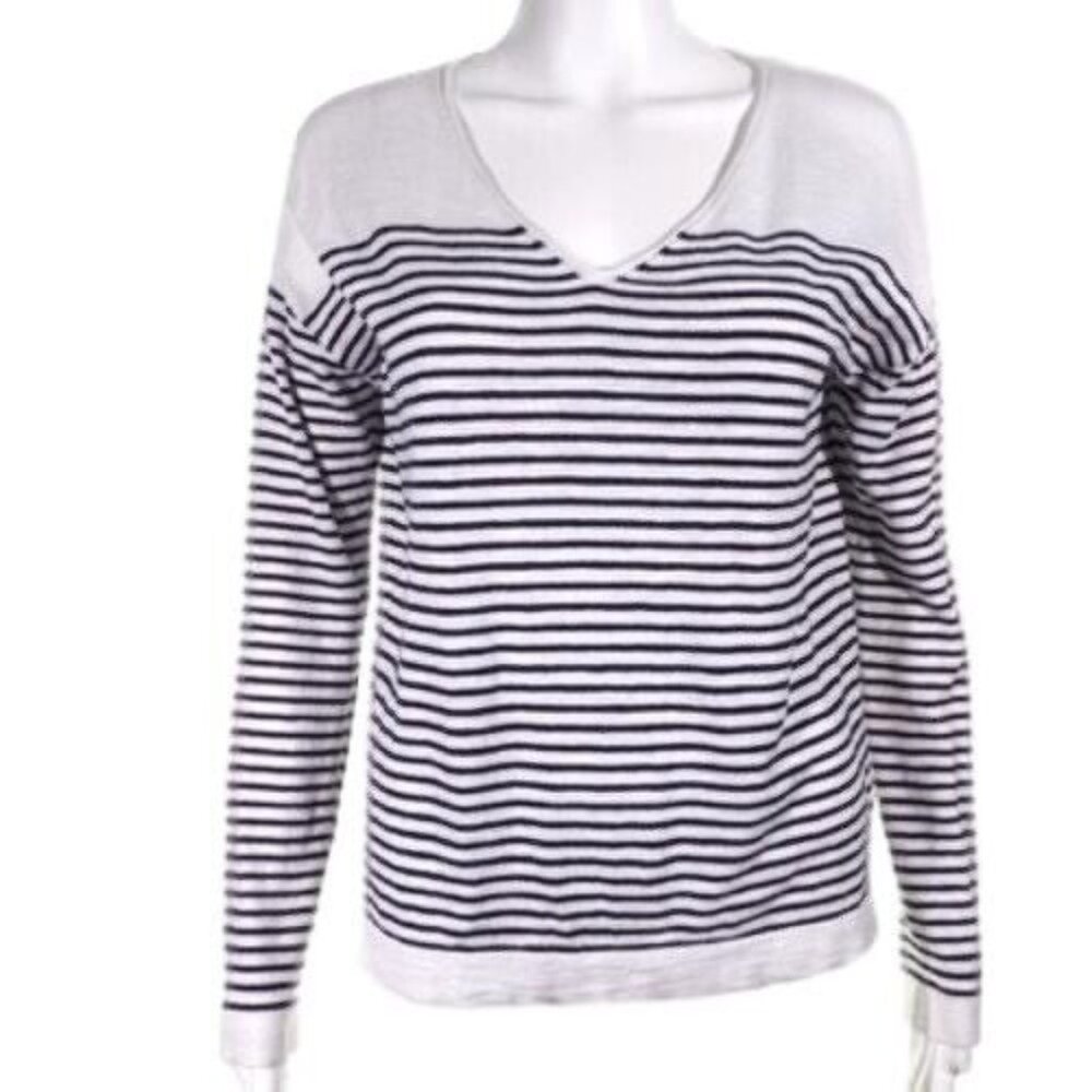 Gap Sweater Women Size Small  V Neck Striped Long Sleeve Black White Pullover